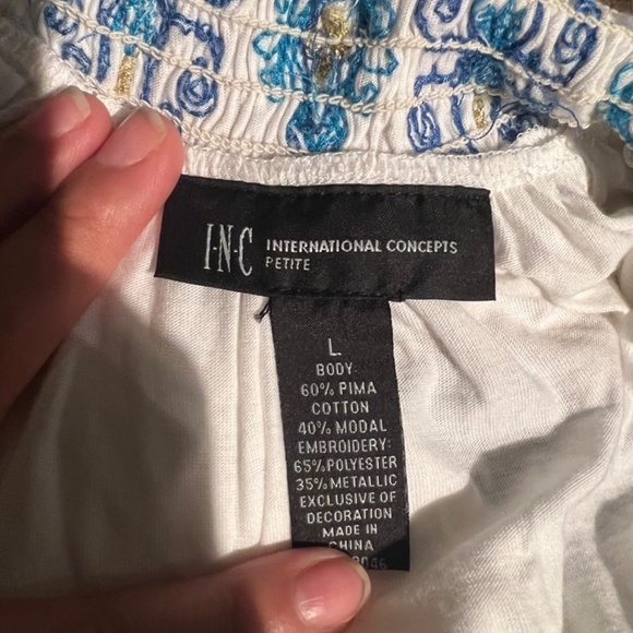 INC white top with blue embroidered size LP Pima Cotton. - Picture 3 of 3